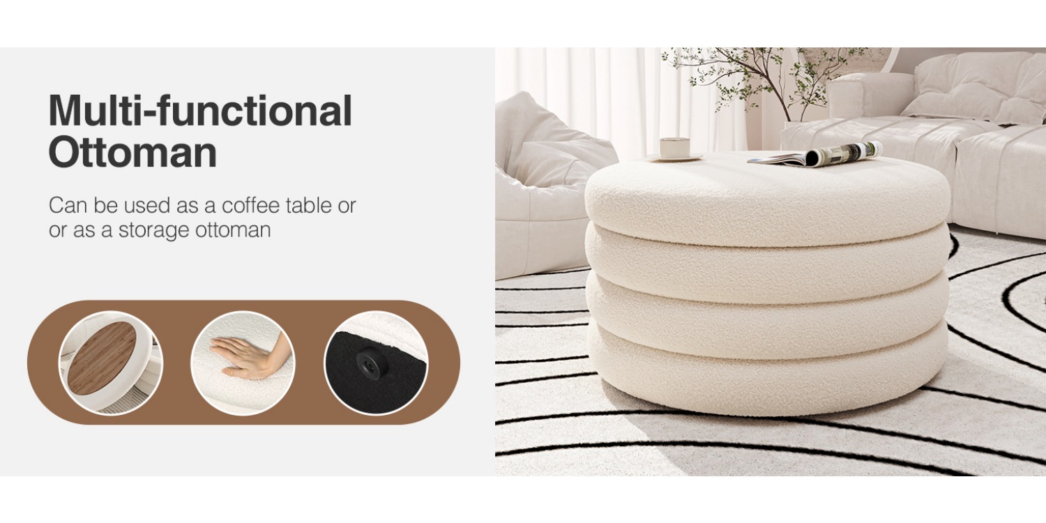30 Inch Round Ottoman Coffee Table with Storage & Sherpa Top - Large Multi-Functional Modern Footrest Suitable for Couch, Cream White Frame/Plywood Base Furniture for Living Room, Space-Saving Tray Table for Small Spaces