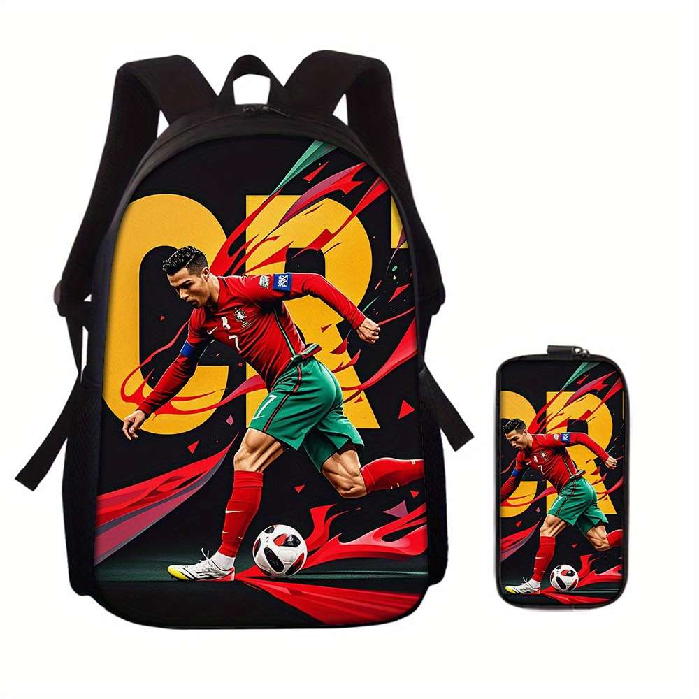 

2pcs Cr7 Backpack And Phone Case Set, Oxford Cloth, Hand Wash, Large Capacity Student Laptop Bag With Design, Unisex School Bookbag And Pencil Case Combo