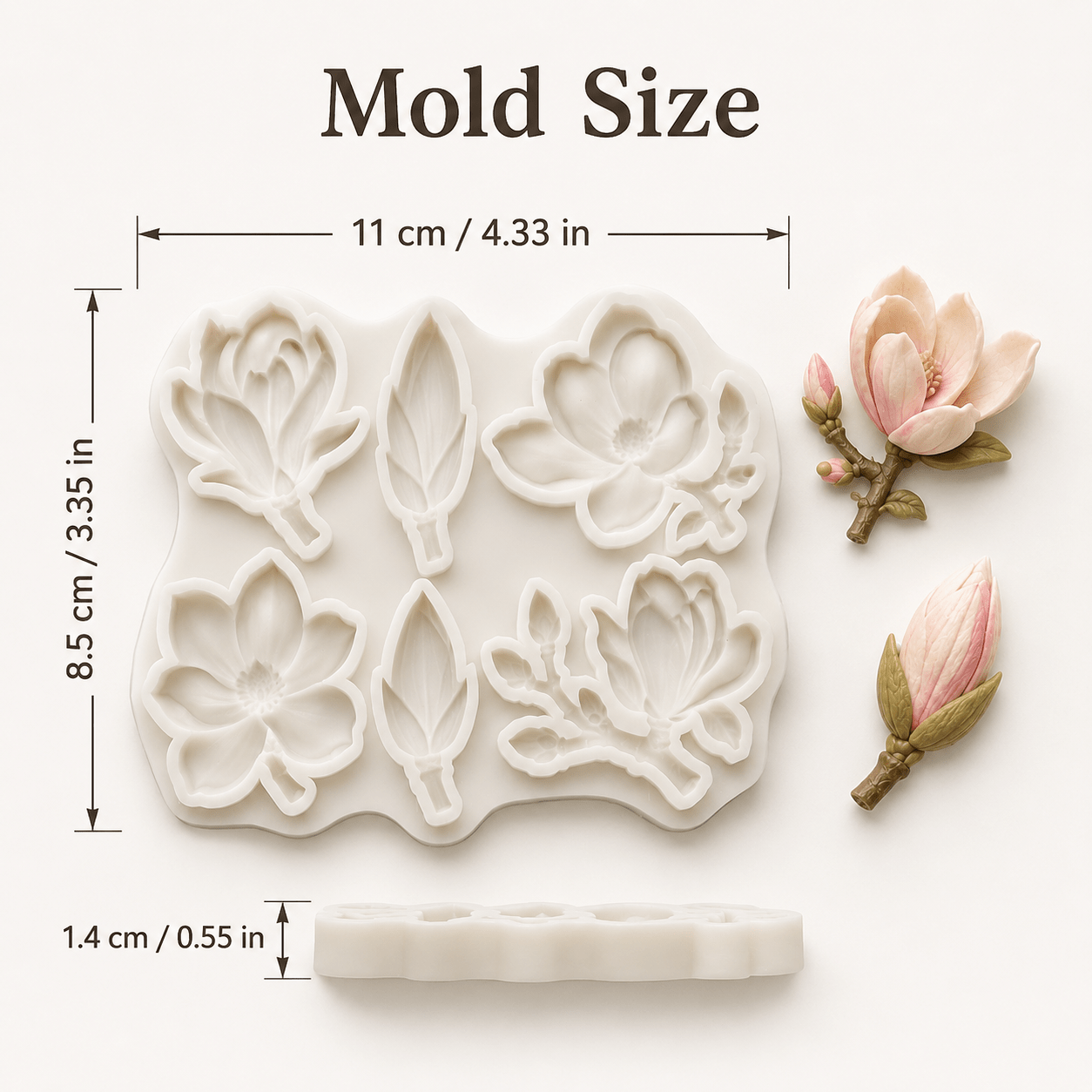TEMU Stampo a Forma di Magnolia con Ramo e Fiori - Stampo in Silicone per Resina Epossidica, Pasta Polimerica, Gesso, Candele, Saponificazione |