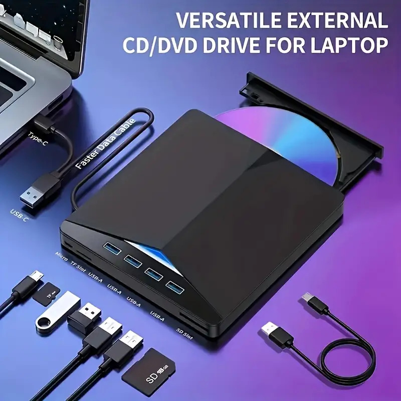 Compact Usb 2.0 External Dvd-rw Drive- Plug-and-play, Ultra-thin Portable Burner/writer For Laptops& Desktops, Cd/dvd & Data Copying, Black With Power Cord, Desktop Enhancement, , Efficient