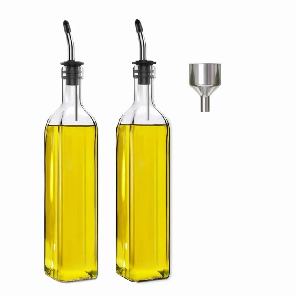 TEMU 2 pezzi di bottiglie di vetro trasparenti da 17Oz/500Ml, progettate per l'erogazione di olio commestibile. Vengono con un imbuto e un tappo, per
