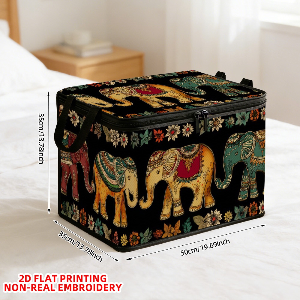 TEMU 1pc Large Capacity Storage Basket With Festive Elephants And Flowers Design, Shelf Baskets, Clothing Storage Basket | Durable Polyester