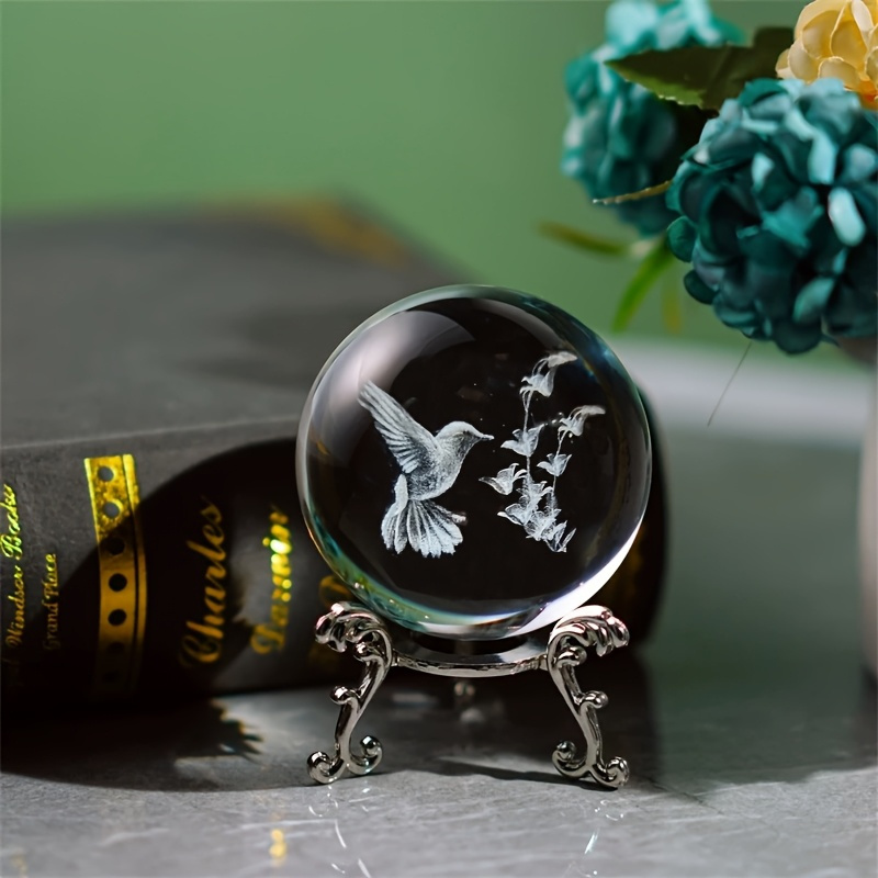 TEMU 1pc 1pcs 3d Hummingbird Crystal Ball With Base - Crystal Glass Sphere Suitable For Valentine's Day Gifts, Mother's Day Gifts, Tabletop Decor,