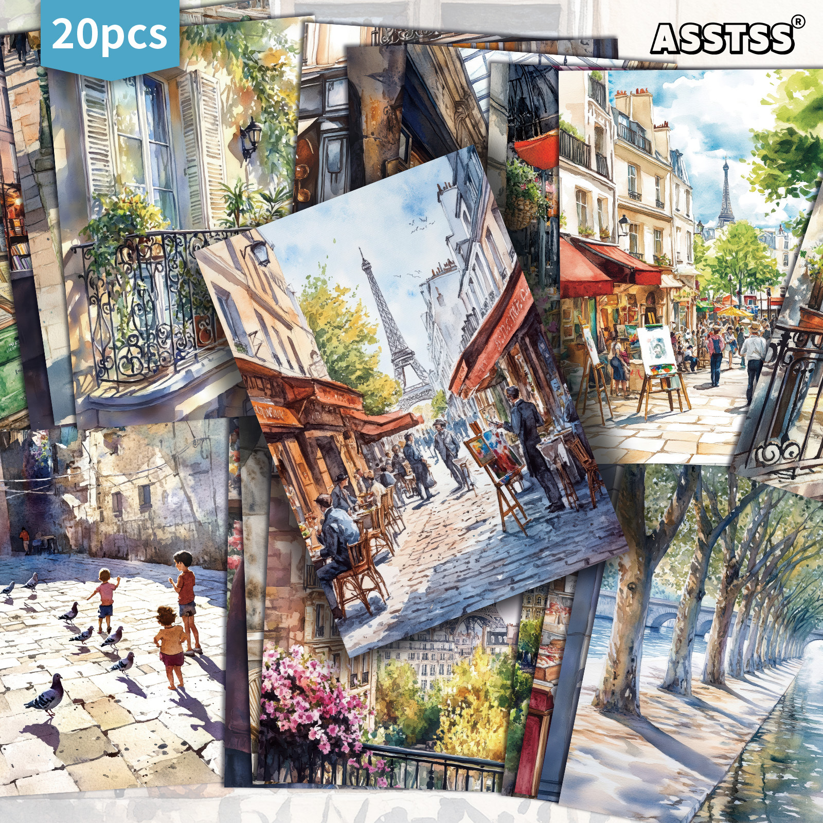 TEMU 20-pack Asstss Watercolor Summer Paris Scenery Postcards - 4x6 Inches Retro Junk Journal Supplies, Classic Pinup Illustrations Collectible