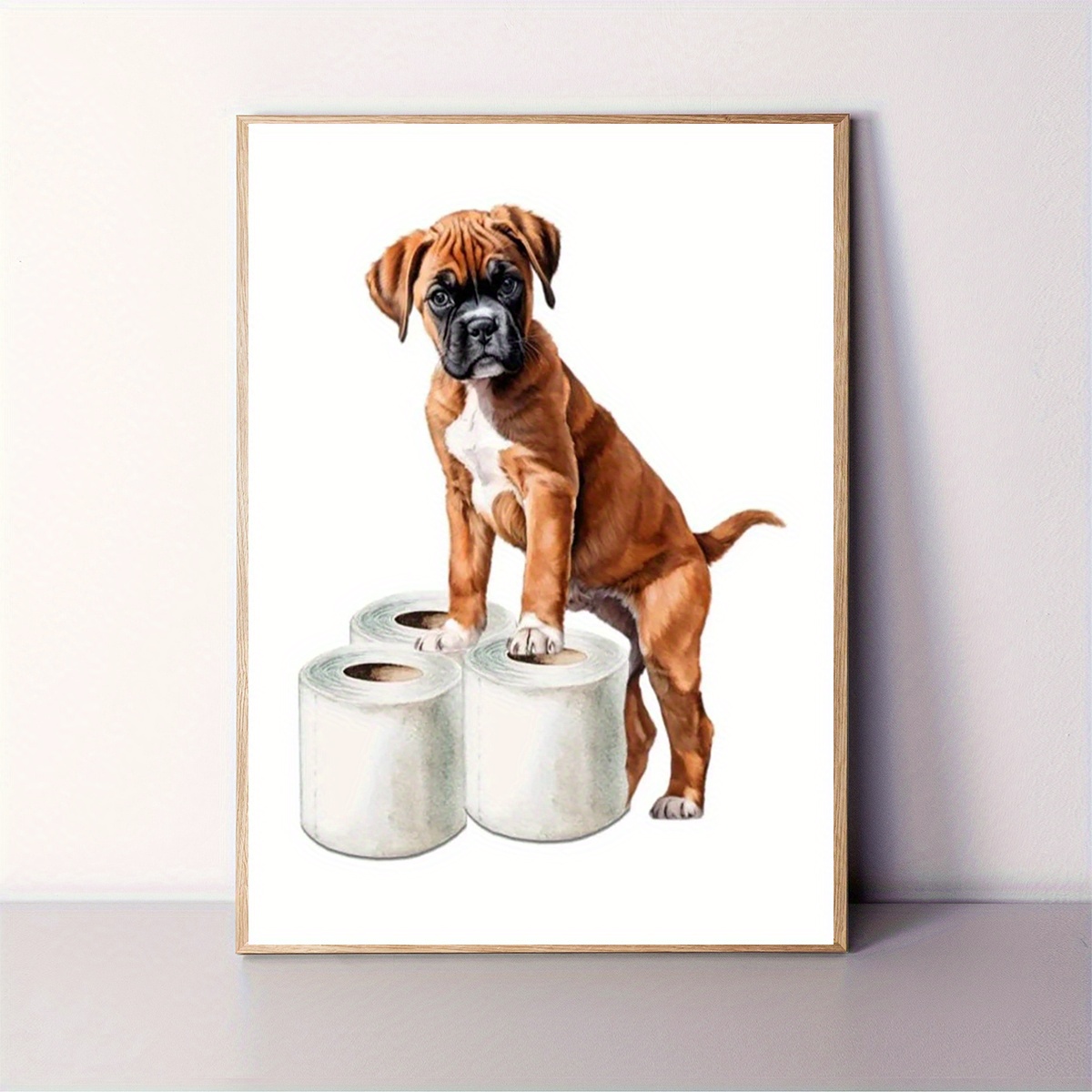 TEMU 2d Flat, 1pc 12"x16" Unframed Boxer Dog Wall Art - Puppy Sitting On Toilet Paper Canvas Print, Contemporary Bohemian Humorous Animal Decor For