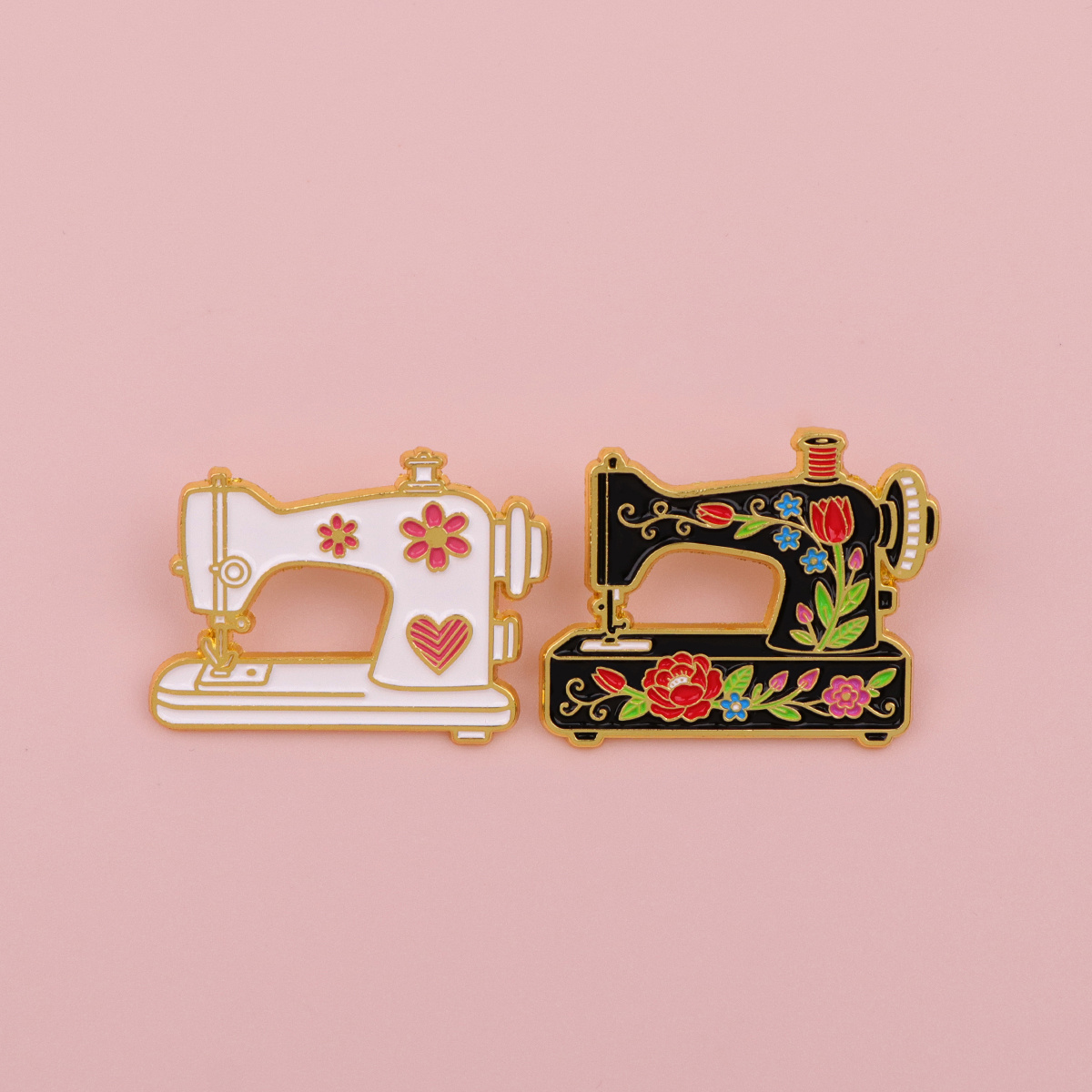 Image of Set Of 2 Sewing Machine Lapel Pins Suitable For Backpacks, Briefcases, And As Badges Or Brooches; Perfect Additions For Jewelry And Cute Items