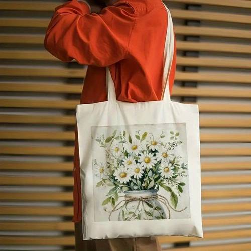 Wild Chrysanthemum Pattern Tote Bag Reusable Durable White Handbag with Sturdy Handles Bag for Women Fashionable Gift Idea