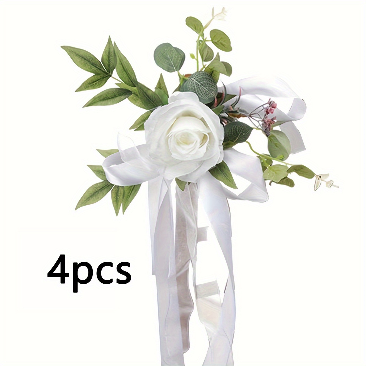 4pcs Aitisor Wedding Chair Back Flowers With Artificial White Roses & Chiffon Ribbons - Plastic Fake Flowers Suitable For Wedding, Church Ceremony, Aisle, Pew, Party Chair Decorations, Assembly, Use