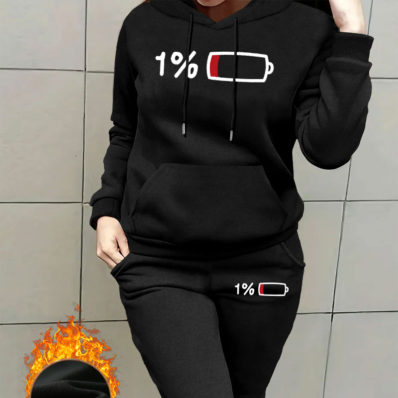 

1 Set Women's Casual Geometric-patterned Polyester Knit Fabric Hoodie And Pants With Drawstring, Comfort, Hooded Collar Style