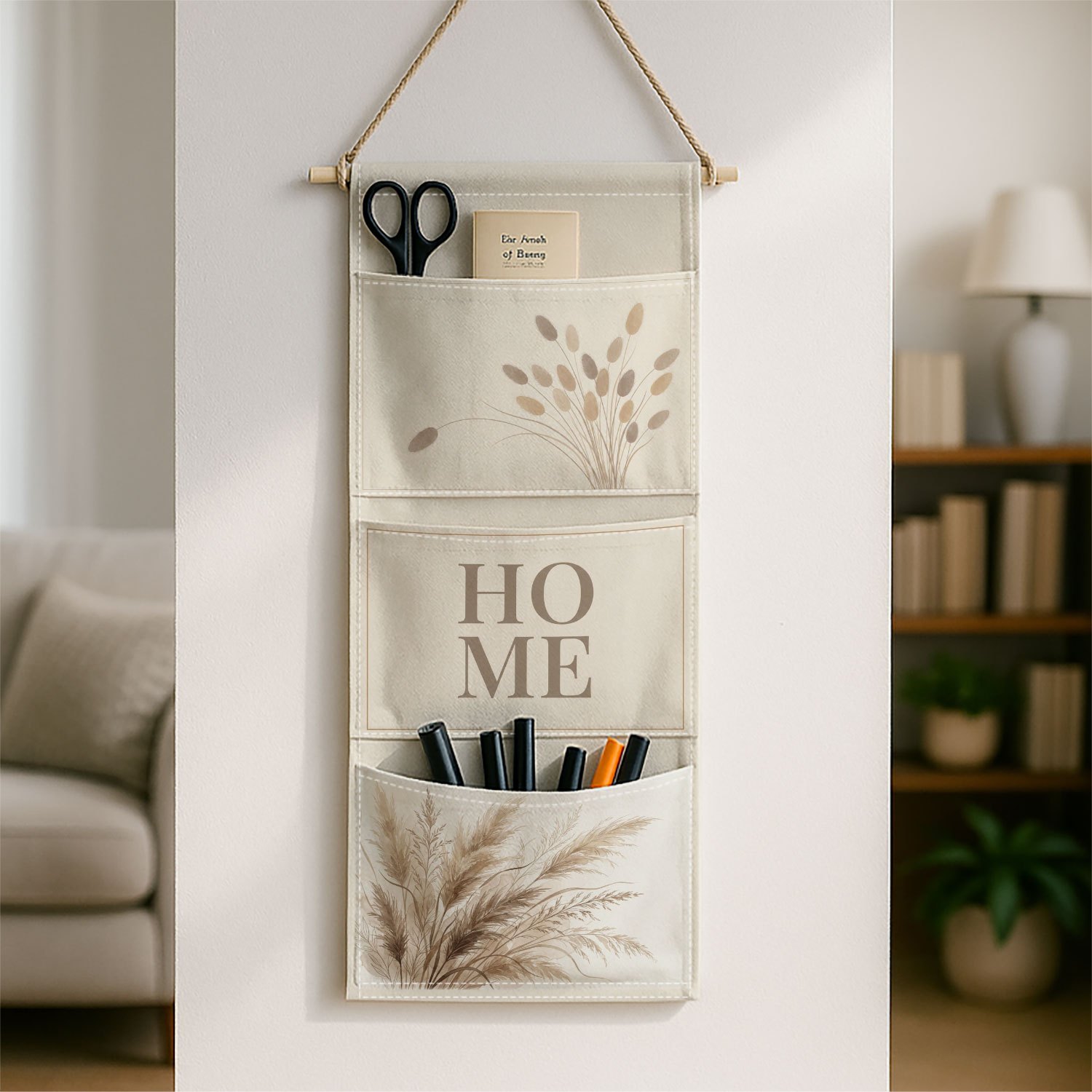 TEMU 1pc Boho Minimalist Botanical 3 Pockets Hanging Bag Home Pampas Grass Warm Multi-use Door Back Closet Organizing System, Ideal For Clothing,