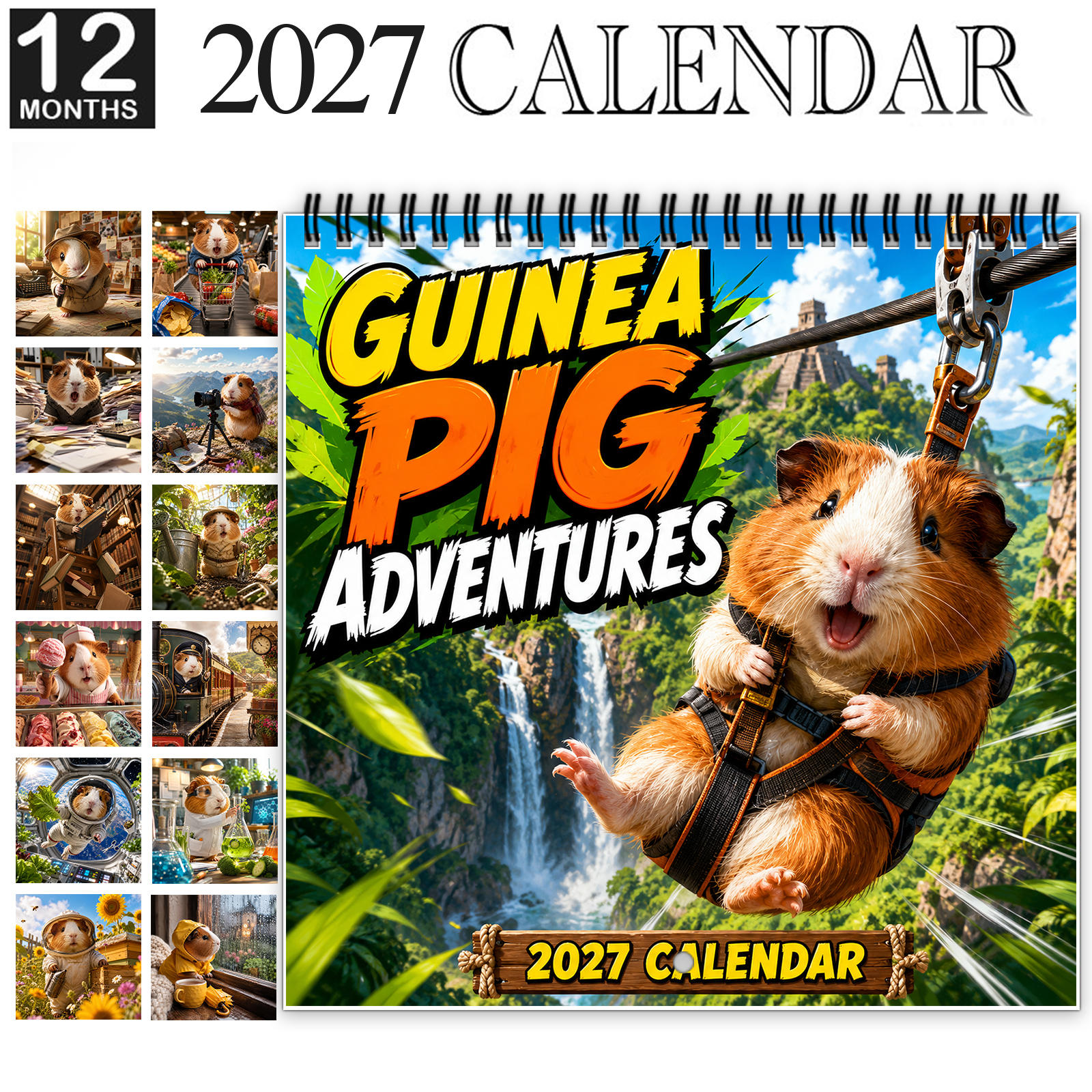 TEMU 1pc 2027 Guinea Pig Adventures Wall Calendar, Spiral-bound 12-month Pet Calendar With Large Date Blocks, Features Adorable Guinea Pigs In Fun ,