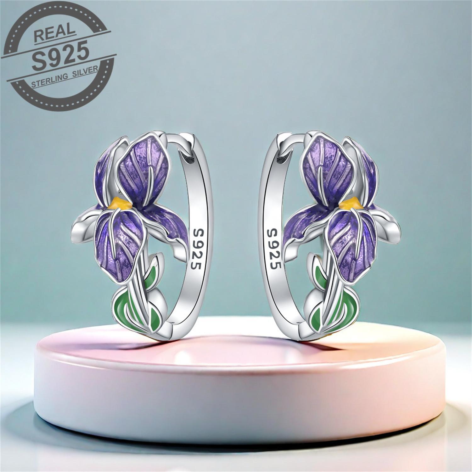 1pc elegant 925 sterling silver iris flower ear cuff synthetic stone preppy   style   wear christmas gift for women details 0