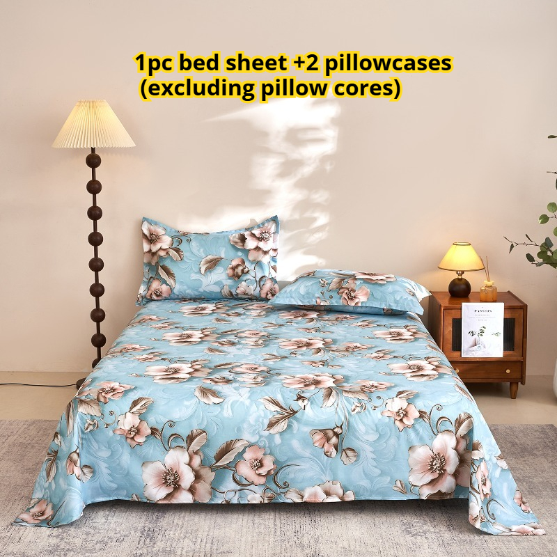 TEMU 3pcs Blue Floral Print Bed Sheet Three-piece Set, Soft And Breathable, Including 1 Bed Sheet   2 Pillowcases, Suitable For