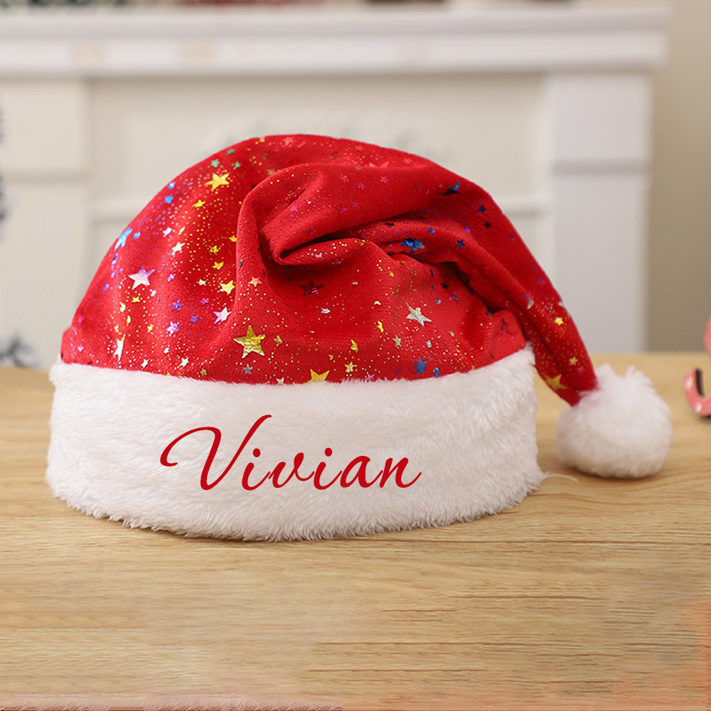 Image of {personalization} In Multiple Colors! This , Golden-, Colorful Star-shaped Santa Hat Features Gilding And A Of Star Decorations. In Gray, Green, Red, And, Incredibly Soft And Co