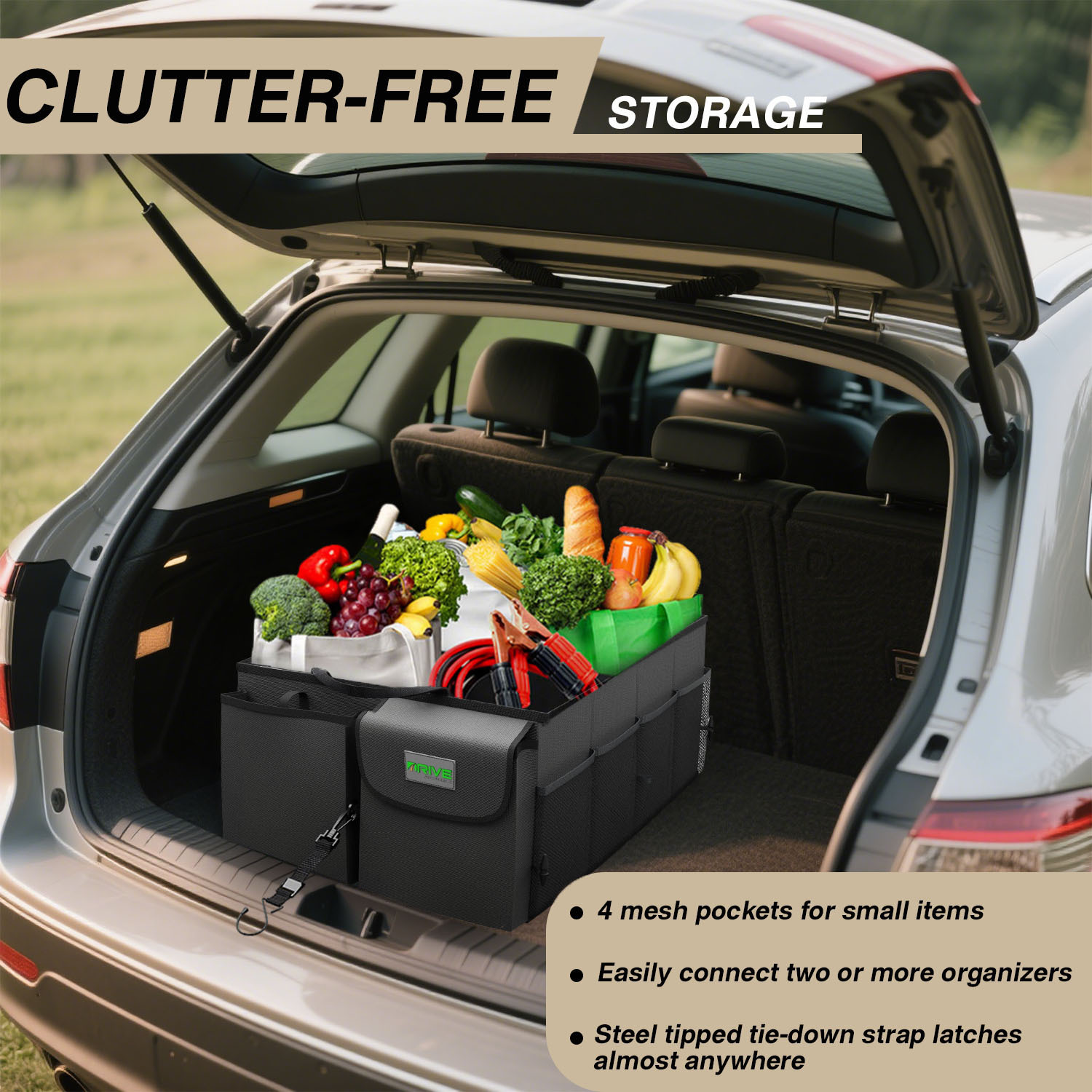 Image of Collapsible Car Trunk Organizer With Multi Compartments Adjustable Straps For Suvs Trucks And Cars Automotive Storage Solution For Men And Women Black And Gray