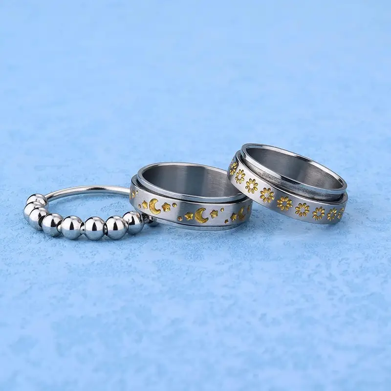 6pcs 316l stainless steel spinner rings fidget rings for anxiety men anti anxiety ring with beads sunflower moon star stress relieving rings set for teenager Product details 1