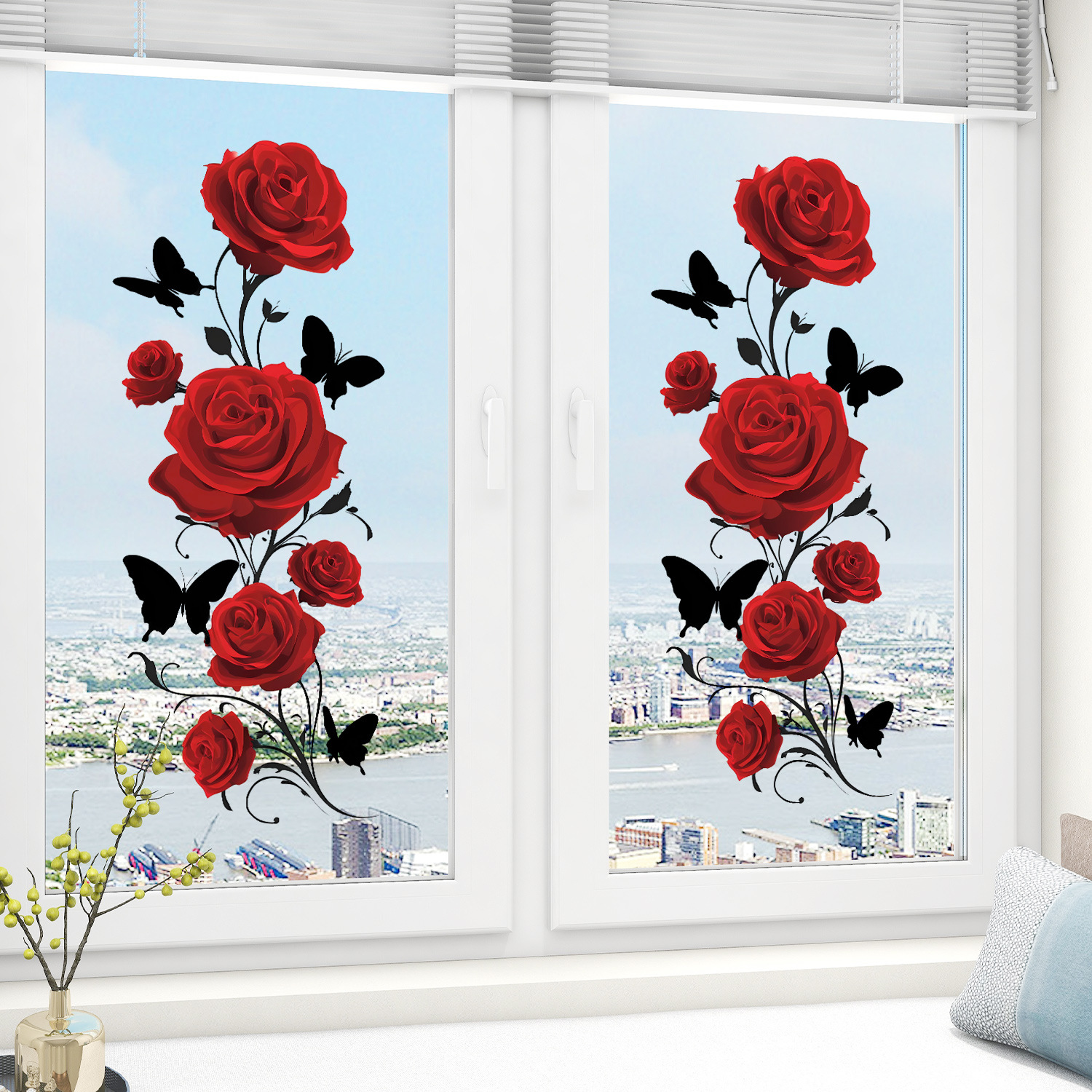 2d Flat, 2d Flat Sticker 2pcs Red Rose Window Sticker Suitable For Living Room, Bedroom, Sticker Romantic Decoration Electrostatic Sticker, 2d Flat