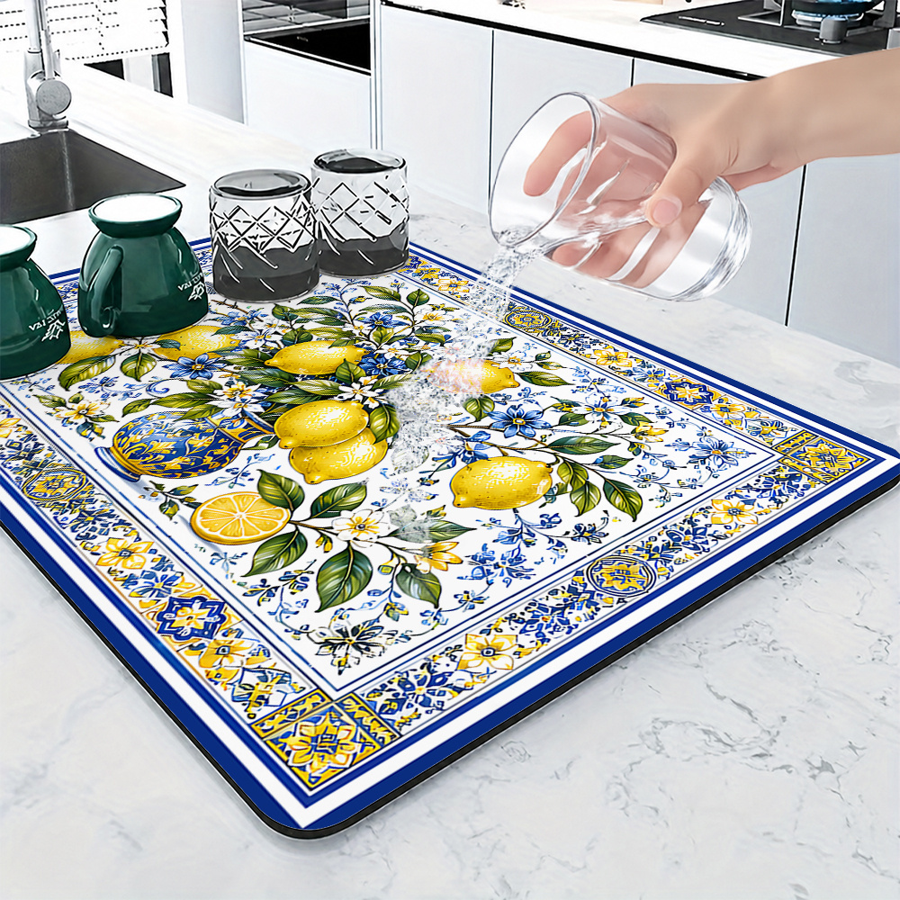 TEMU 1pc, Napperon Absorbant Style Méditerranéen, Imprimé avec un Bouquet de Branches de Citron Dorées, Vase , Fleurs et Oiseaux, et Motif de