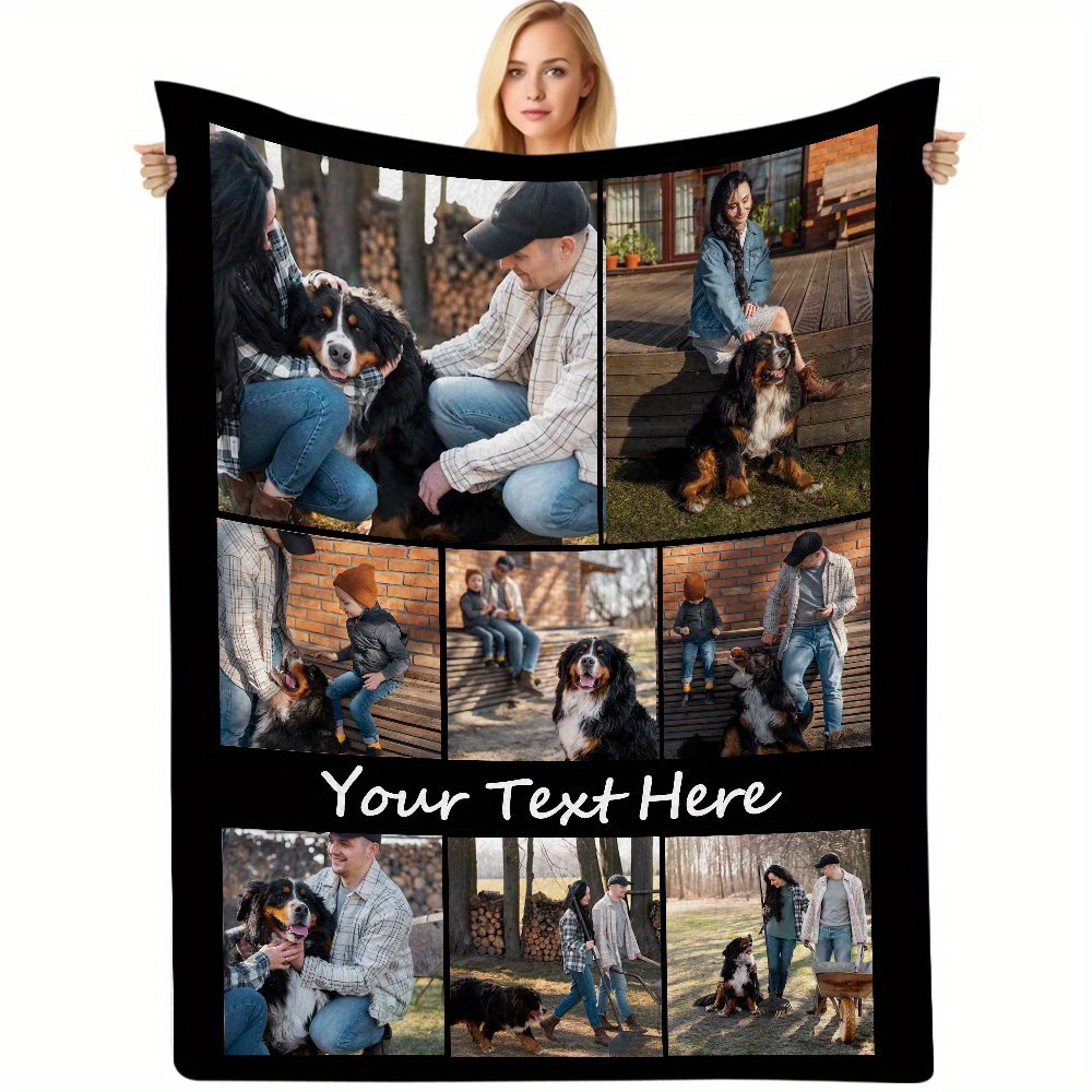 

Custom Photo Collage Flannel Throw Blanket, Personalized Pet Image Collage With Text, Cozy Knitted Polyester Throw, With , For Dog Lovers, Unique Memory Souvenir Gift