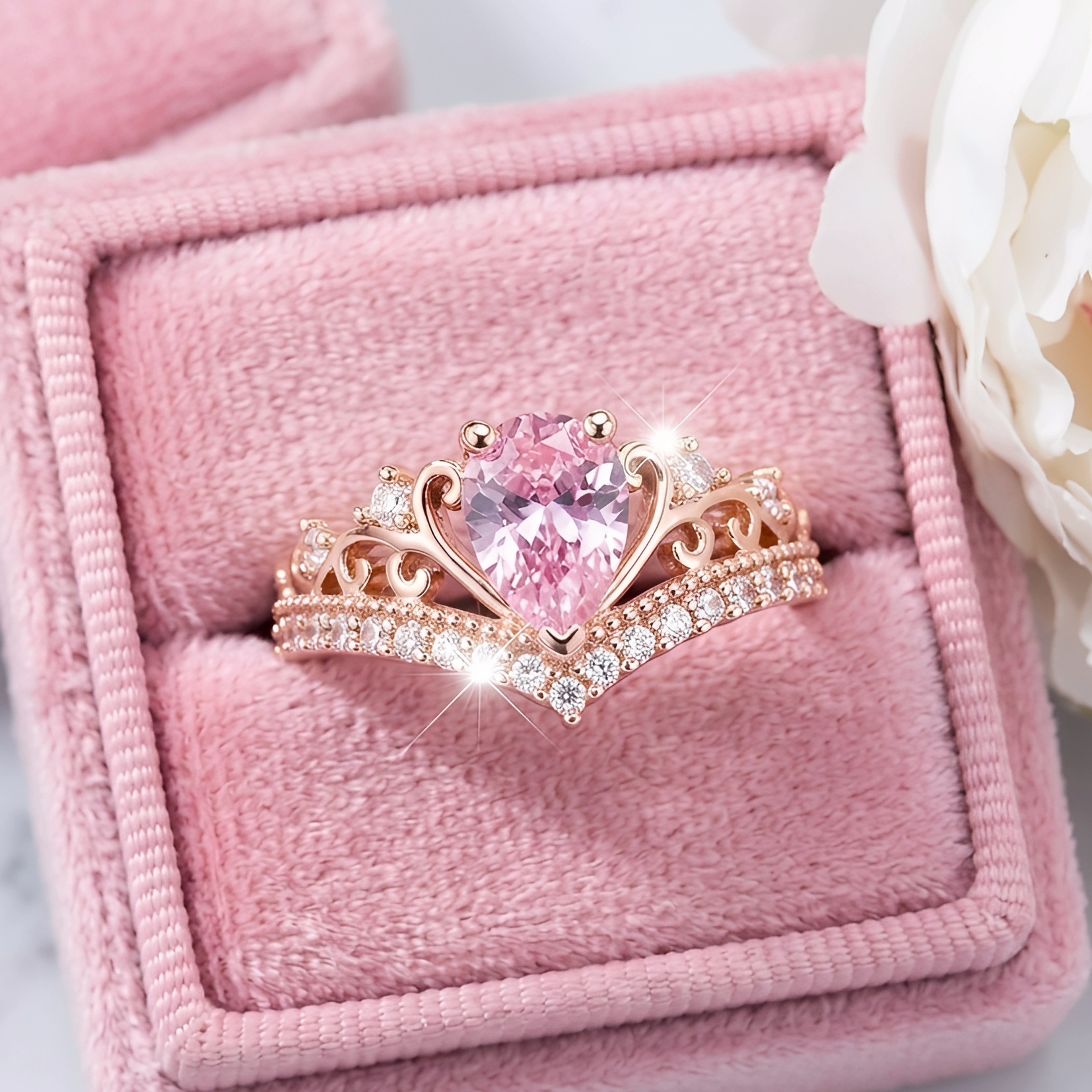 TEMU -shaped Pave Sparkling Synthetic Cubic Zirconia Engagement Ring, Elegant Promise Ring - Luxurious Fashionable Engagement And Wedding Band, Pink