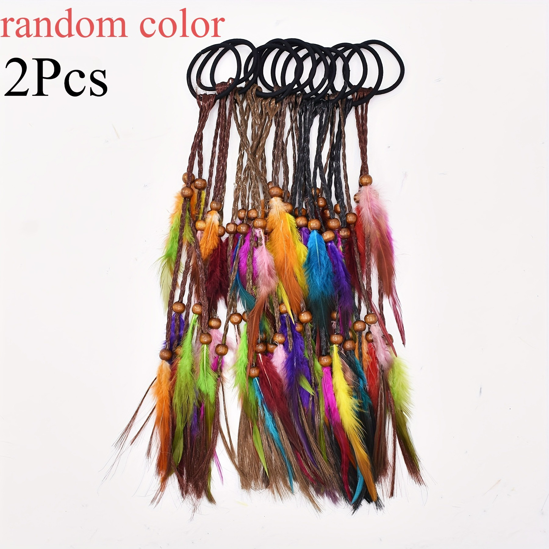 Image of 2pcs Bohemian Feather Braid With And Ribbon Hair - Including Retro 1980s Brown Beads And Feathers Random Color