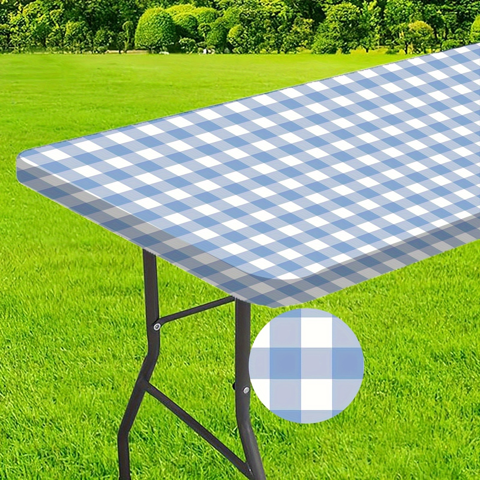 TEMU 1pc, Picnic Tablecloth, Black And White Checkered Design With Elastic Edges, Suitable For Patio, Camping And Outdoor Activities, Picnics And