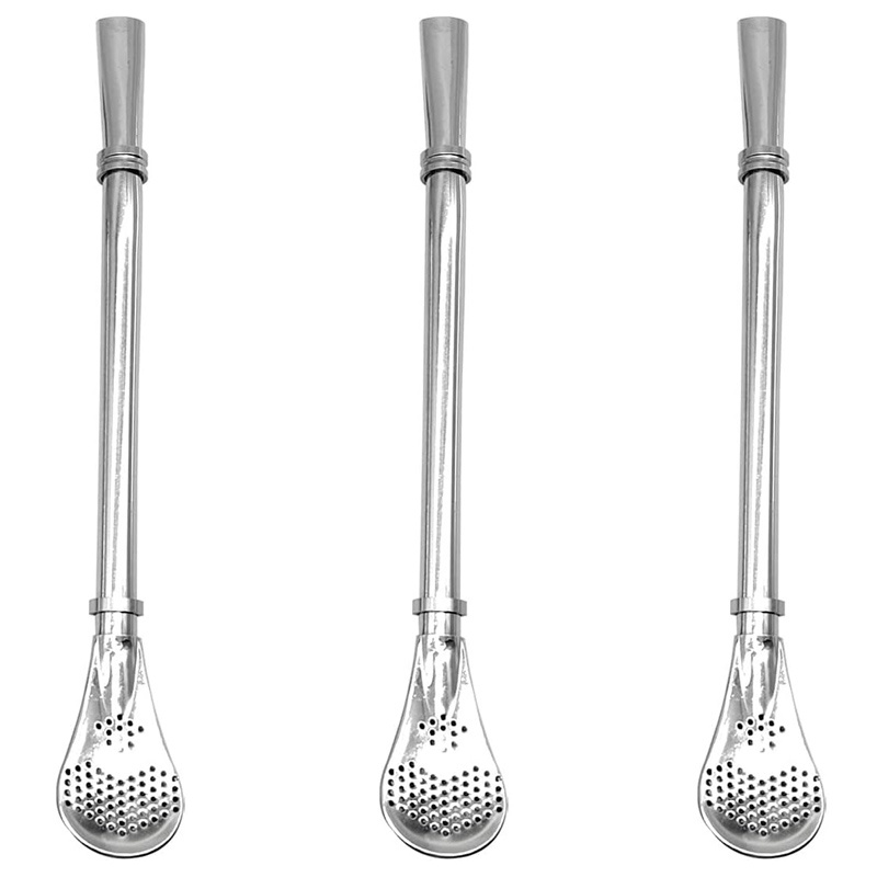 Image of 3pcs Bombilla Yerba Mate Straws, Reusable Gourd Drinking Filter Spoon Straws 304 Stainless Steel 6.1 Inch, Long Beverage Pipe Stirring Filter Spoon For Mate Tea Coffee Travel Cup Beach Cocktail