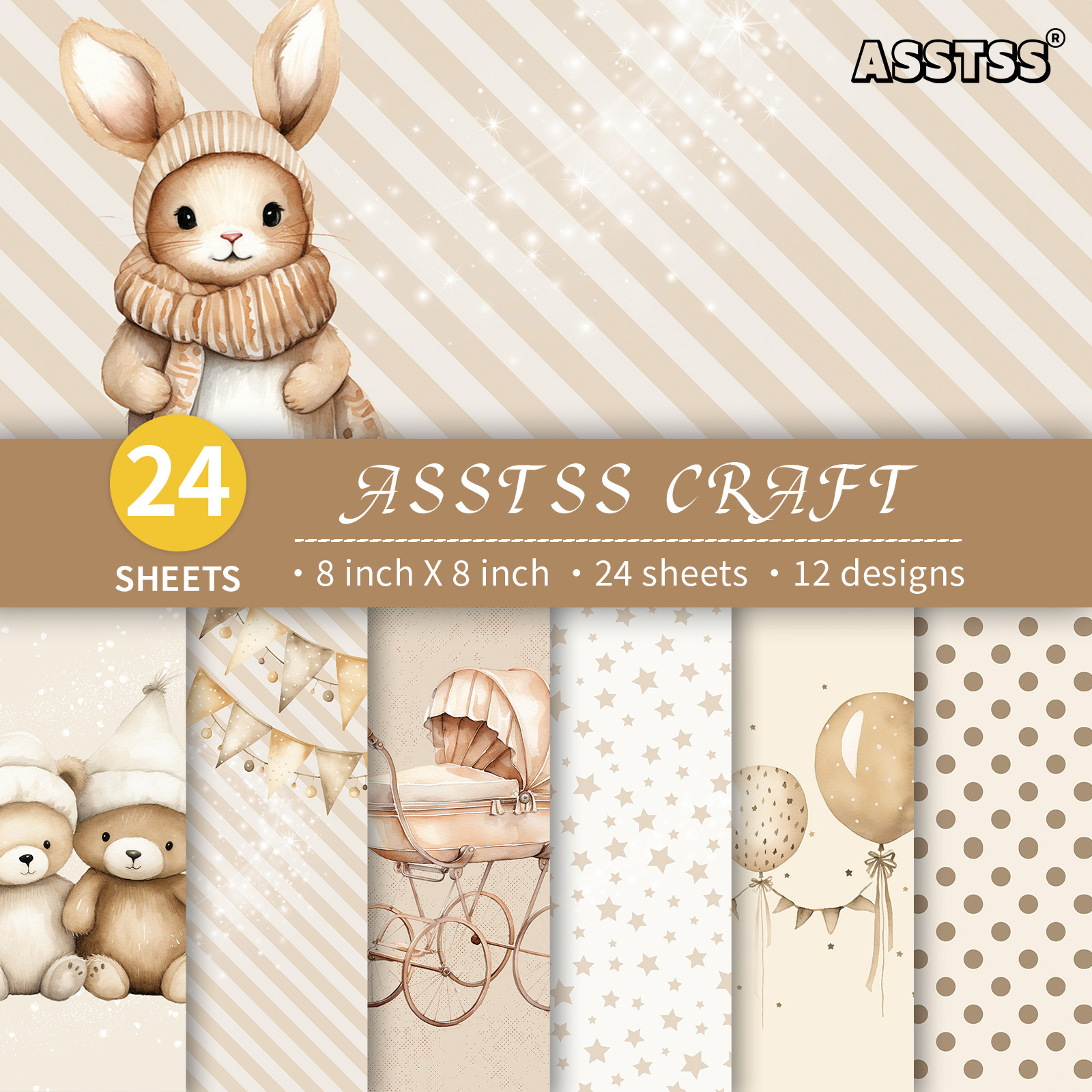 TEMU Bloc de papier de scrapbooking ASSTSS 24 feuilles 8*8 pouces, fournitures de papier de support style vintage marron avec animaux de compagnie et