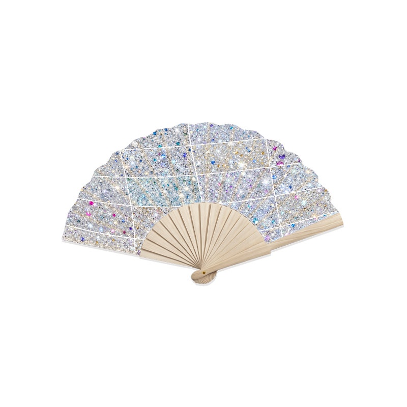 TEMU Sparkling Glitter Starry Pattern Decorative Hand Fan, Shimmering White Light Blue Silver With Purple Pink Golden Accents, Hemu Wooden Ribs 1pc,