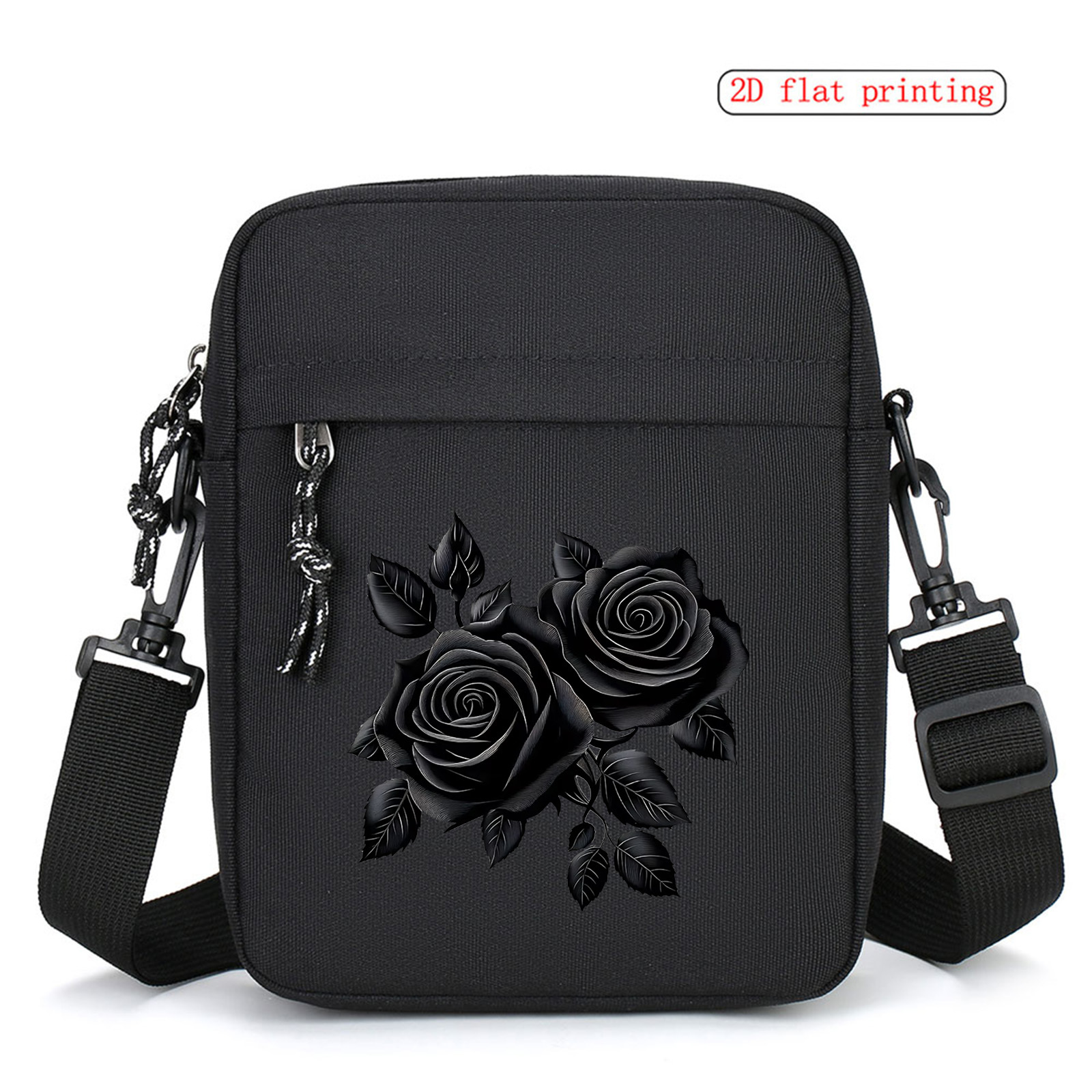 TEMU 1pc A Stylish Black Crossbody Bag Featuring Rose Prints, Designed For Daily Commuting With Space, Suitable As A Gift