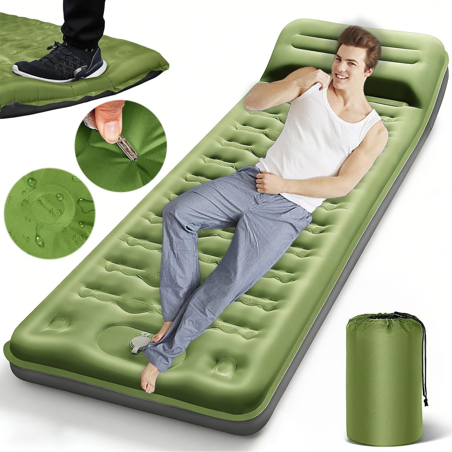 Image of Portable Inflatable Sleeping Pad 196*66*13cm, Built-in Foot Pump, Ideal For Outdoor Camping & Hiking