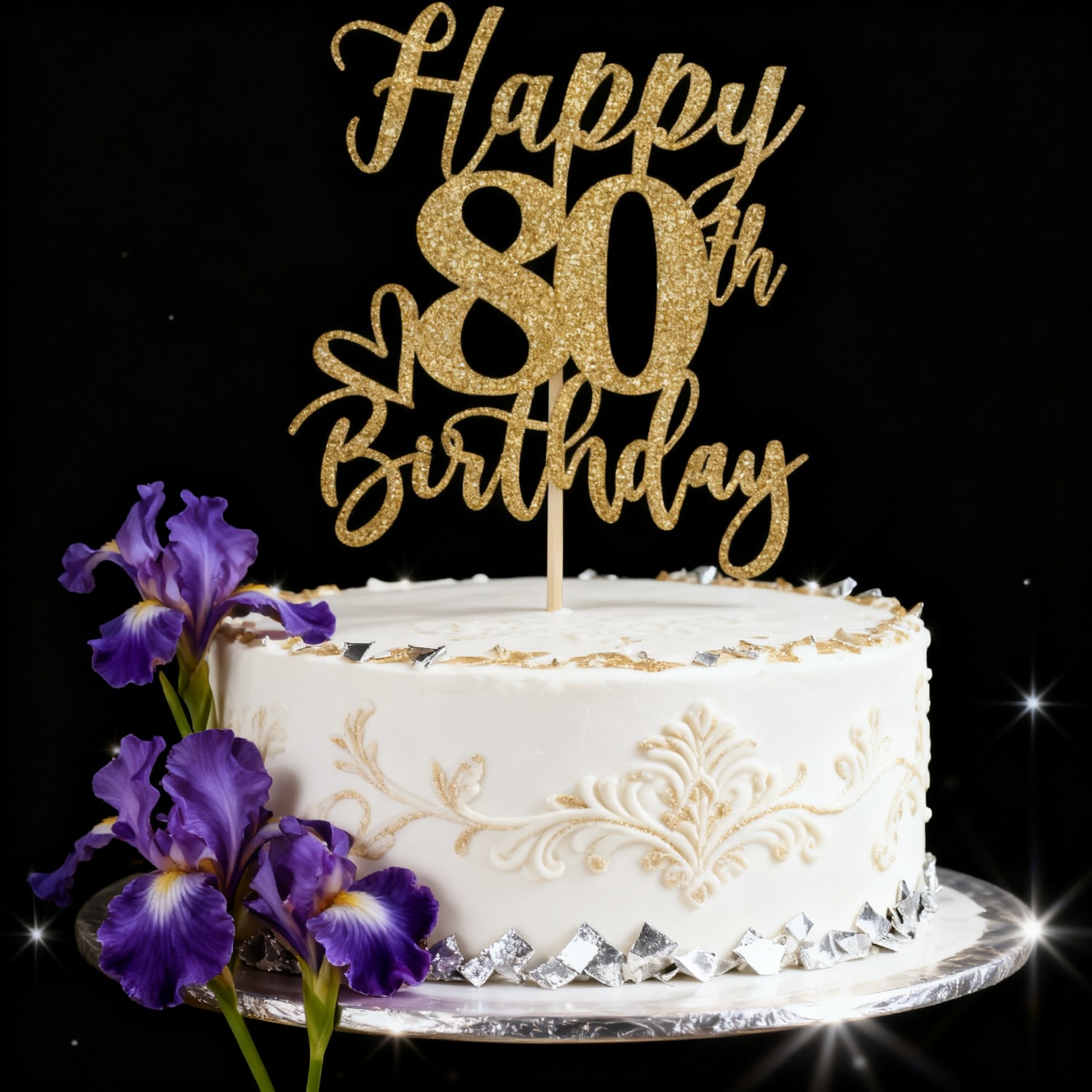 Image of 1pc Golden Glitter Happy Birthday Cake Topper, Funny Happy Birthday Party Supplies (happy 80th Birthday, Golden Glitter)