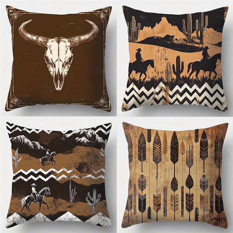 This Four-piece Set Features Printed Pillowcases With Designs Of Cow , Horses, , Mountains, Feathers, And More. Ideal For Decorating A Room, Living Room, Or Sofa (pillow Inserts Not Included)