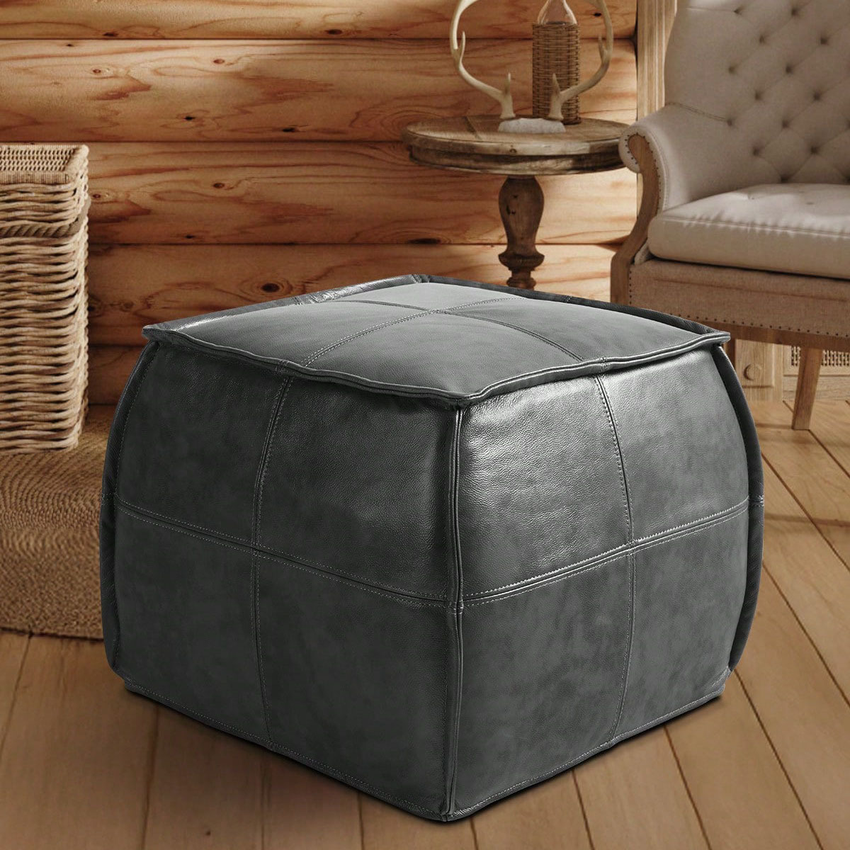 Leather Ottoman, Handmade Stuffed Square Ottoman, Genuine Leather Pouf, Foot Rest Pouf, Comfortable Soft Seating for Living Room& Bedroom(Brown, Black, Grey, Square)