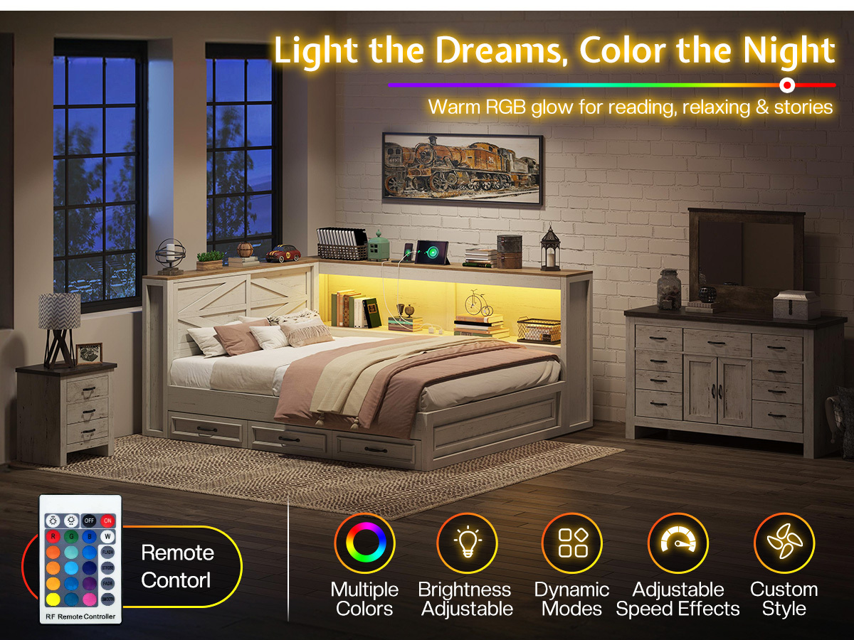 PAPAJET Storage Corner Bed Frame with Bookcase Headboard LED Lights Charging Station and Drawers Farmhouse Platform Bed for Bedroom