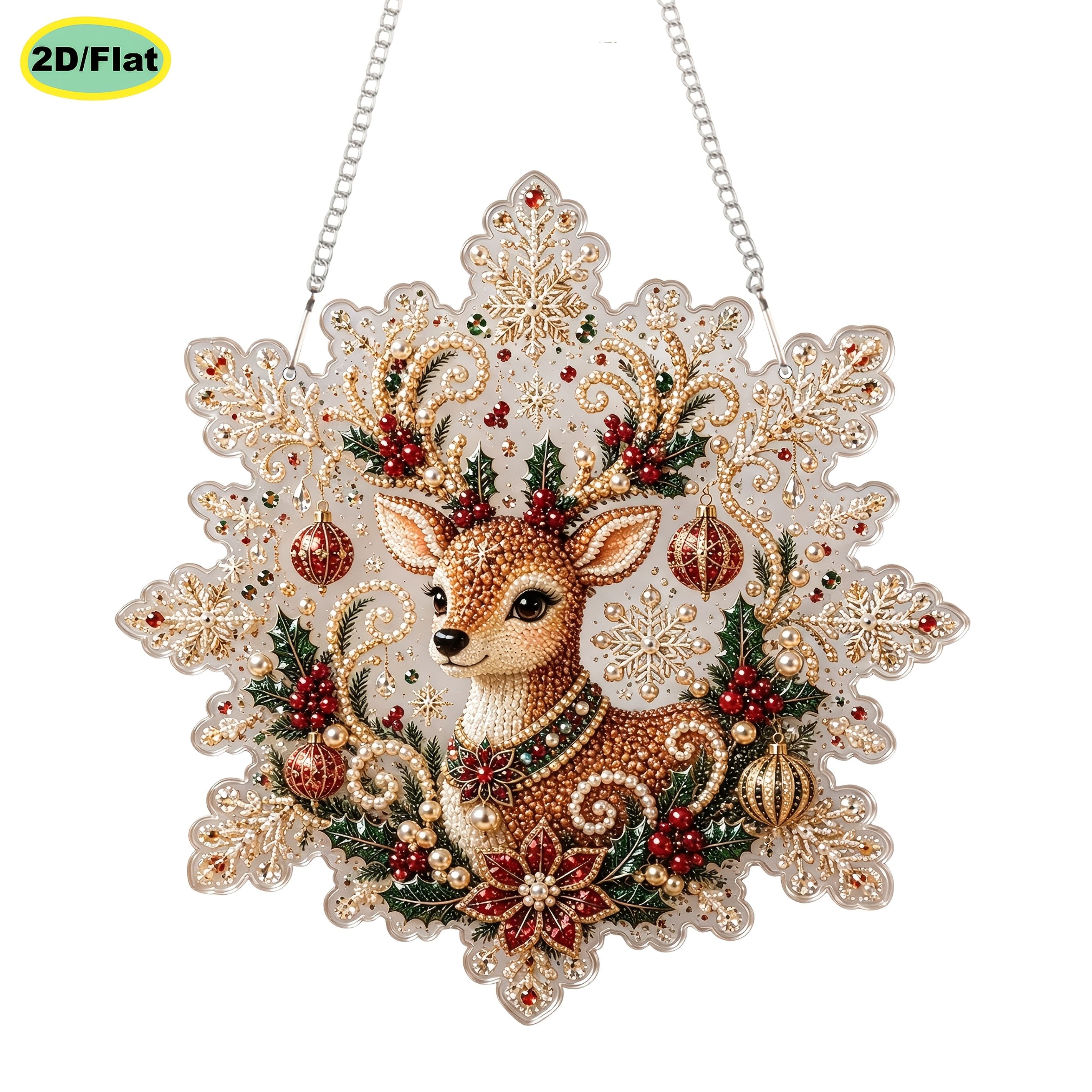 TEMU New 1pc Christmas Reindeer Theme 5d Pearl Diamond Painting Pendant 2d Flat Acrylic Tag Drill Material Bag Crafting Entrance Door Courtyard