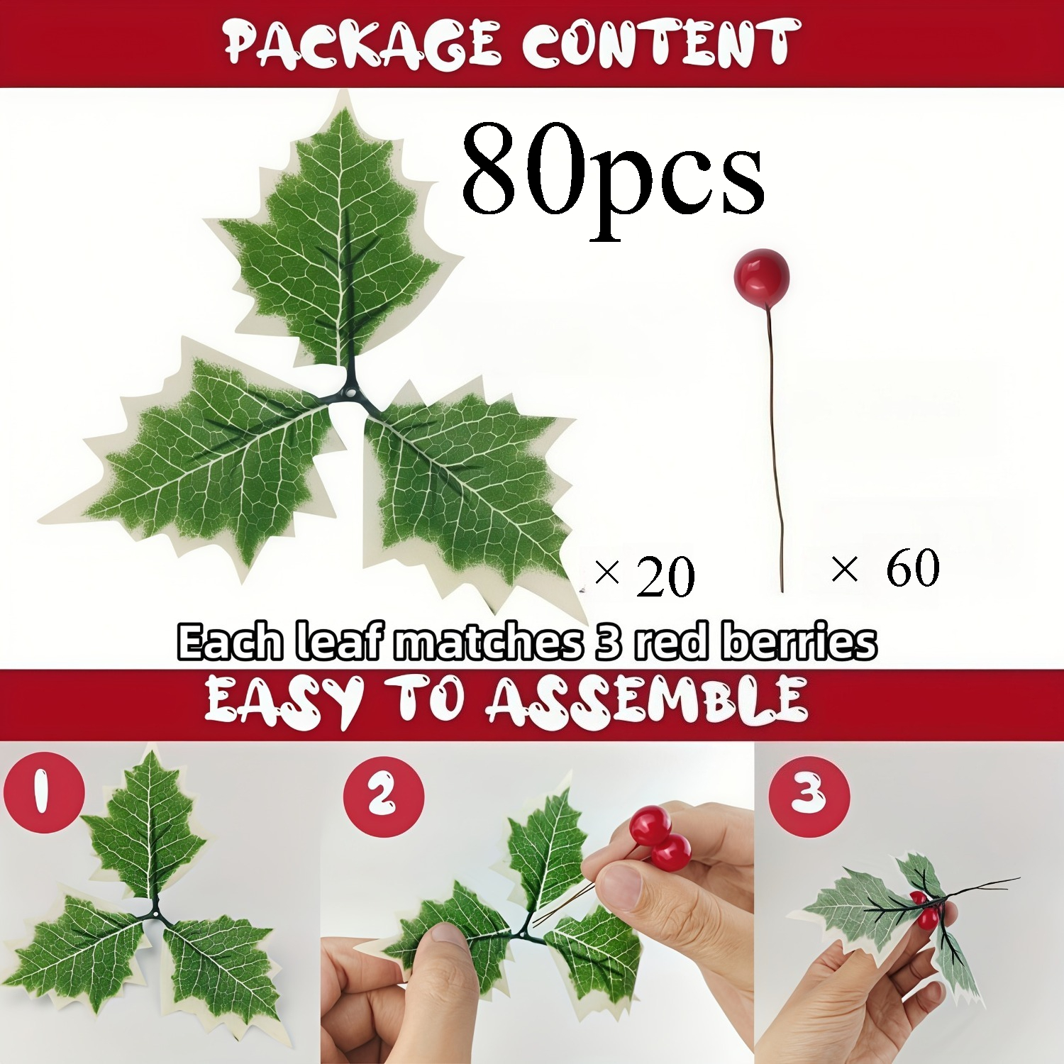 TEMU Ensemble de 80 pièces de feuilles de houx et rouges artificielles - 20 feuilles et 60 - Décorations de Noël, pour les couronnes faites à et les