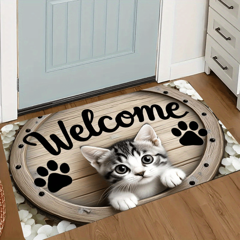 1pc Cute Doormat - 0.47" Thick Sponge & 600g/m² Heavyweight Polyester, Anti-slip Machine Washable Entryway Mat With "welcome" & Paw Print Pattern For Indoor/outdoor Use - Pet- Decor