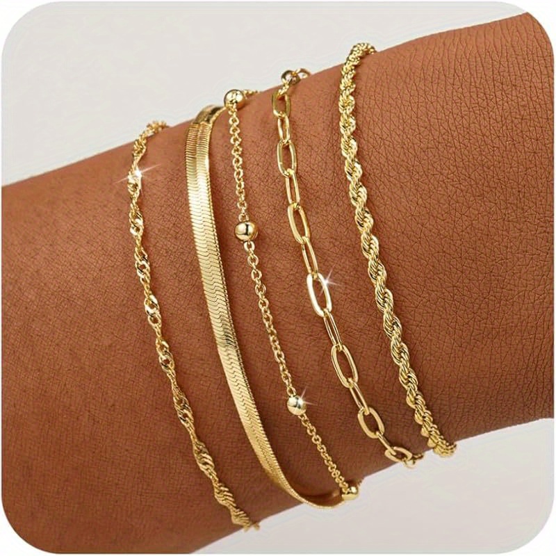 Image of 5pcs/set Golden Bracelets For Women, Elegant Adjustable Bracelet For Women, Trendy Minimalist Dainty Golden Bracelet For Casual Attire