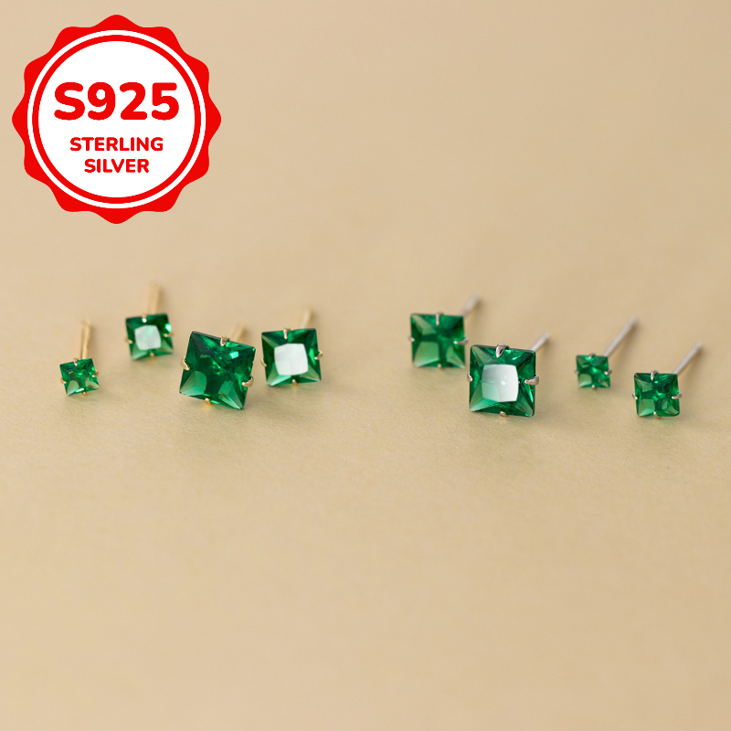 Women's S925 Sterling Silver Mini Green Square Earrings
