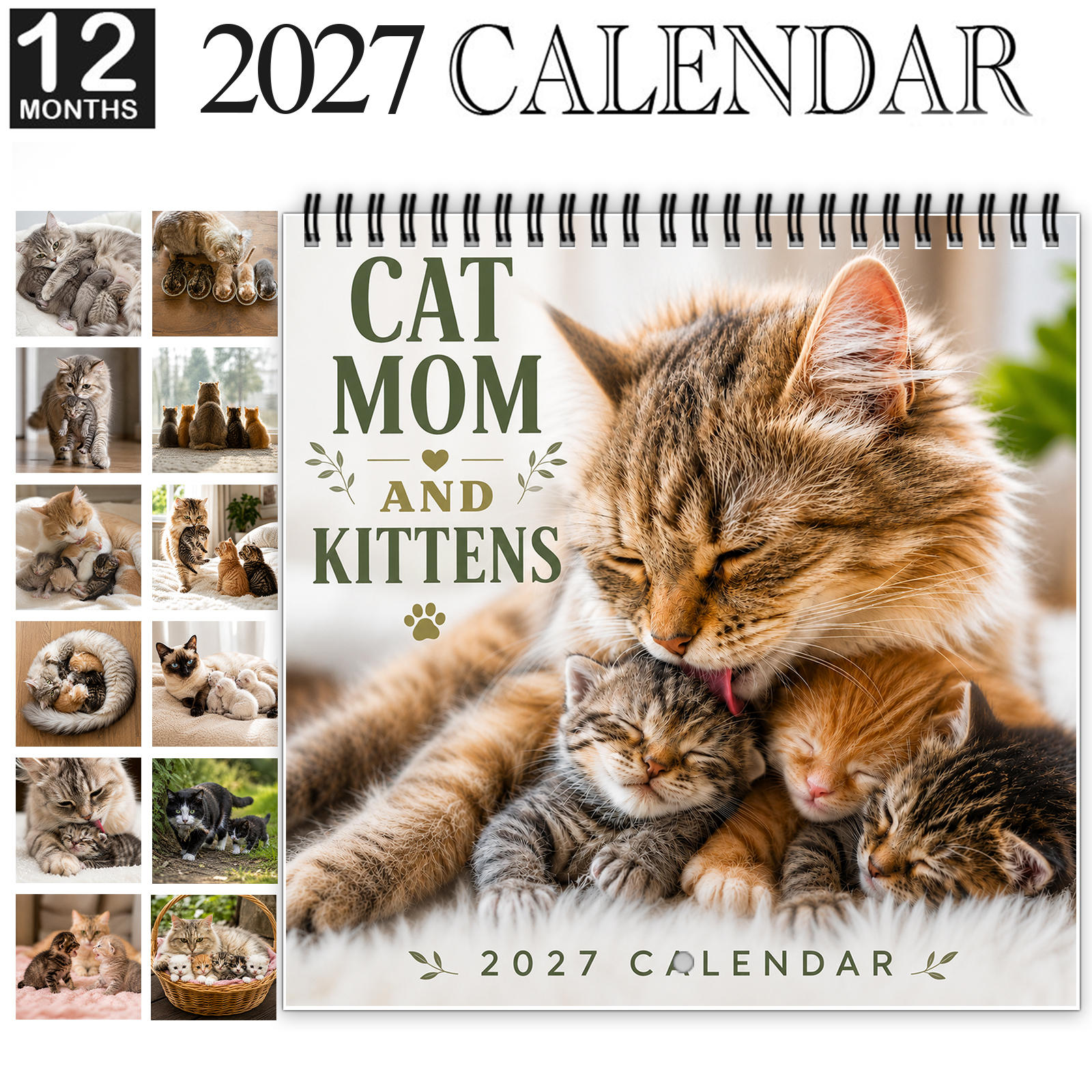 TEMU 1pc 2027 Cat Mom And Kittens Wall Calendar, Spiral-bound 12-month Monthly Planner With Thick Glossy Paper, Displays Cats In Warm, And Family