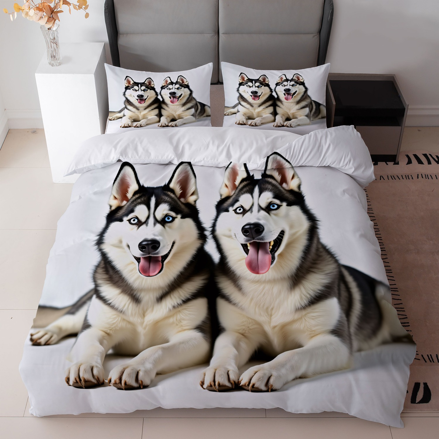 TEMU 3-teiliges Bettwäsche-Set mit weißem Husky-Design (Bettbezug und 2 Kissenbezüge, Füllung nicht enthalten), geeignet für ein Schlafzimmer