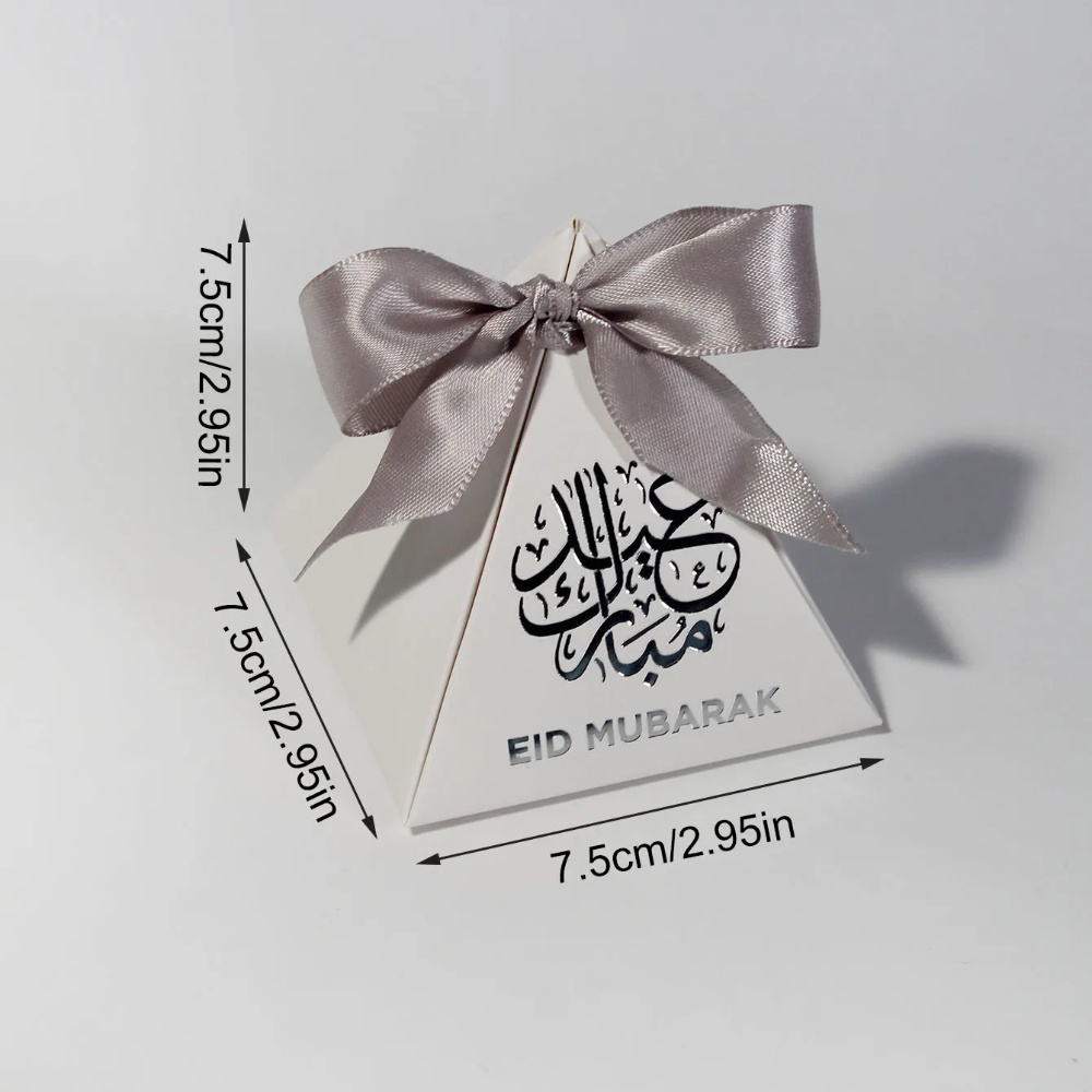 Image of 10pcs Chic Pyramid Gift Bo Mini Favor Boxes In Elegant White With Silvery Bow And. Perfect For Packing Candies, Chocolates, And Small Gifts. Ideal For Eid Celebrations And Special Occasions!