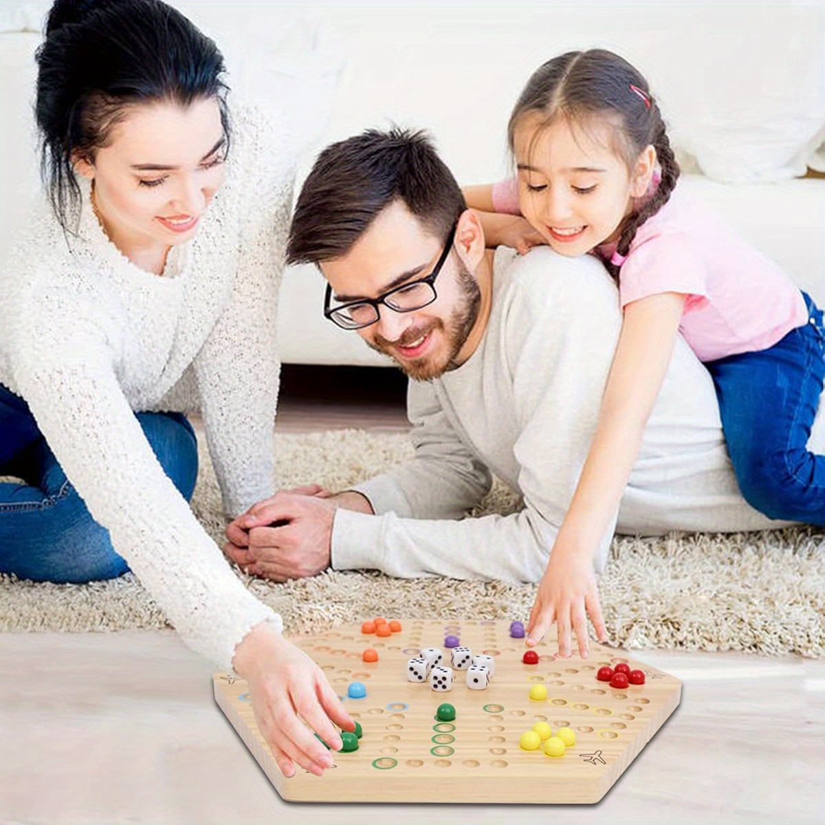 HOROW Wahoo Board Game - Classic 2-Sided Wooden Family Game Night Board Game for 4 or 6 Players, Includes 30 Marbles & 6 Dice, Compact Portable Design with Sturdy Log Base, Easy to Learn & Play