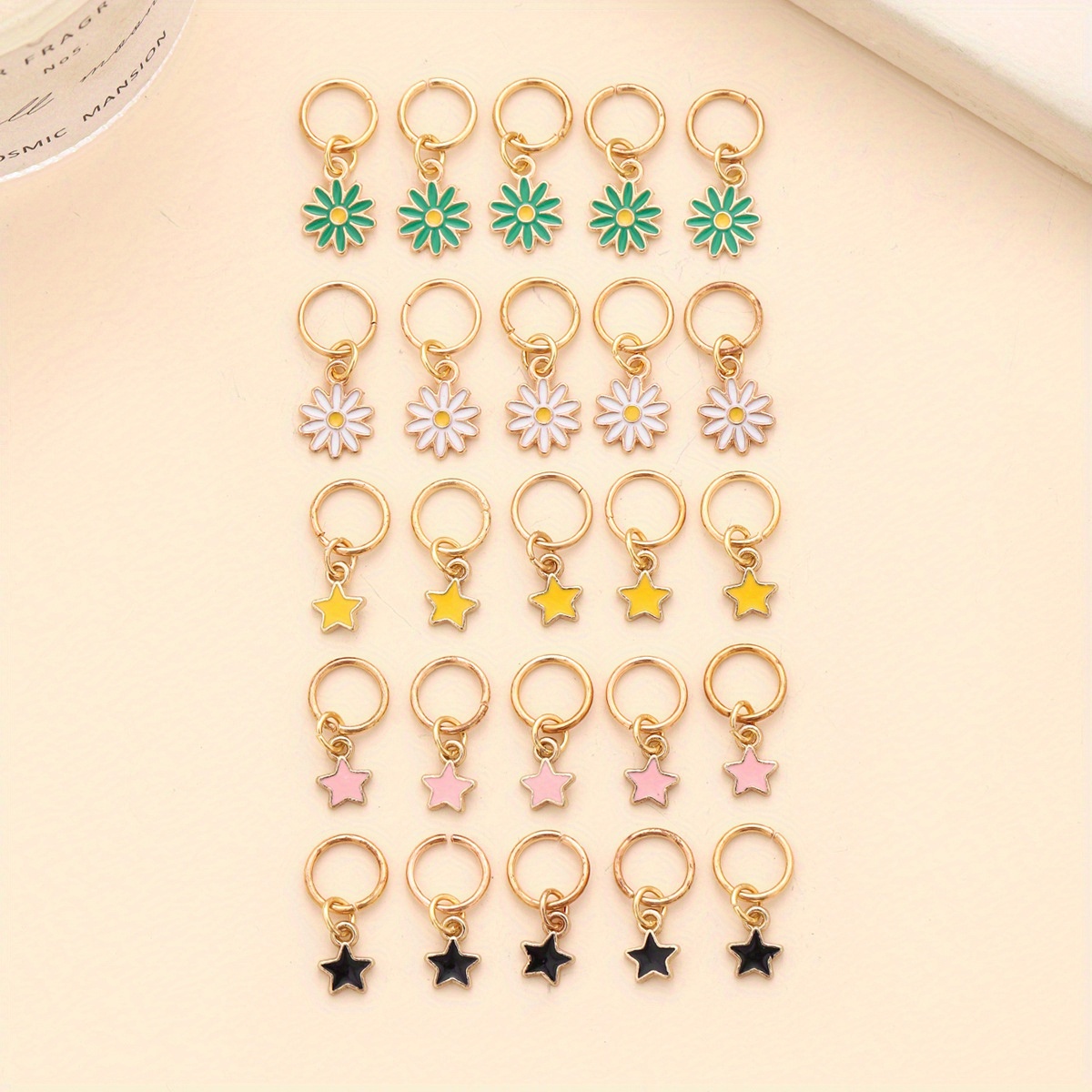 Image of 25pcs Diy Wig Dreadlock Braiding Rings With Enamel Pentagram, Chrysanthemum, And Flower Pendant Hair Tie Clasps