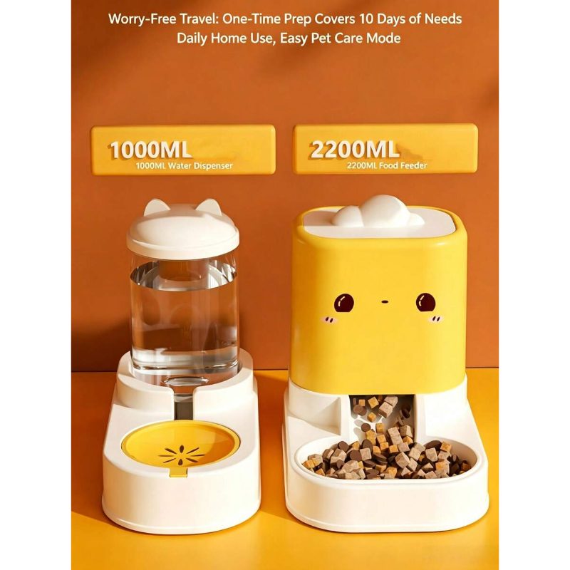 2-In-1 Automatic Pet Feeder And Dispenser Set, Food Feeder Bowl, Large Capacity Dog Food Station, Cute Cartoon Design for Kittens, Puppies, And Small Pets, Without Battery