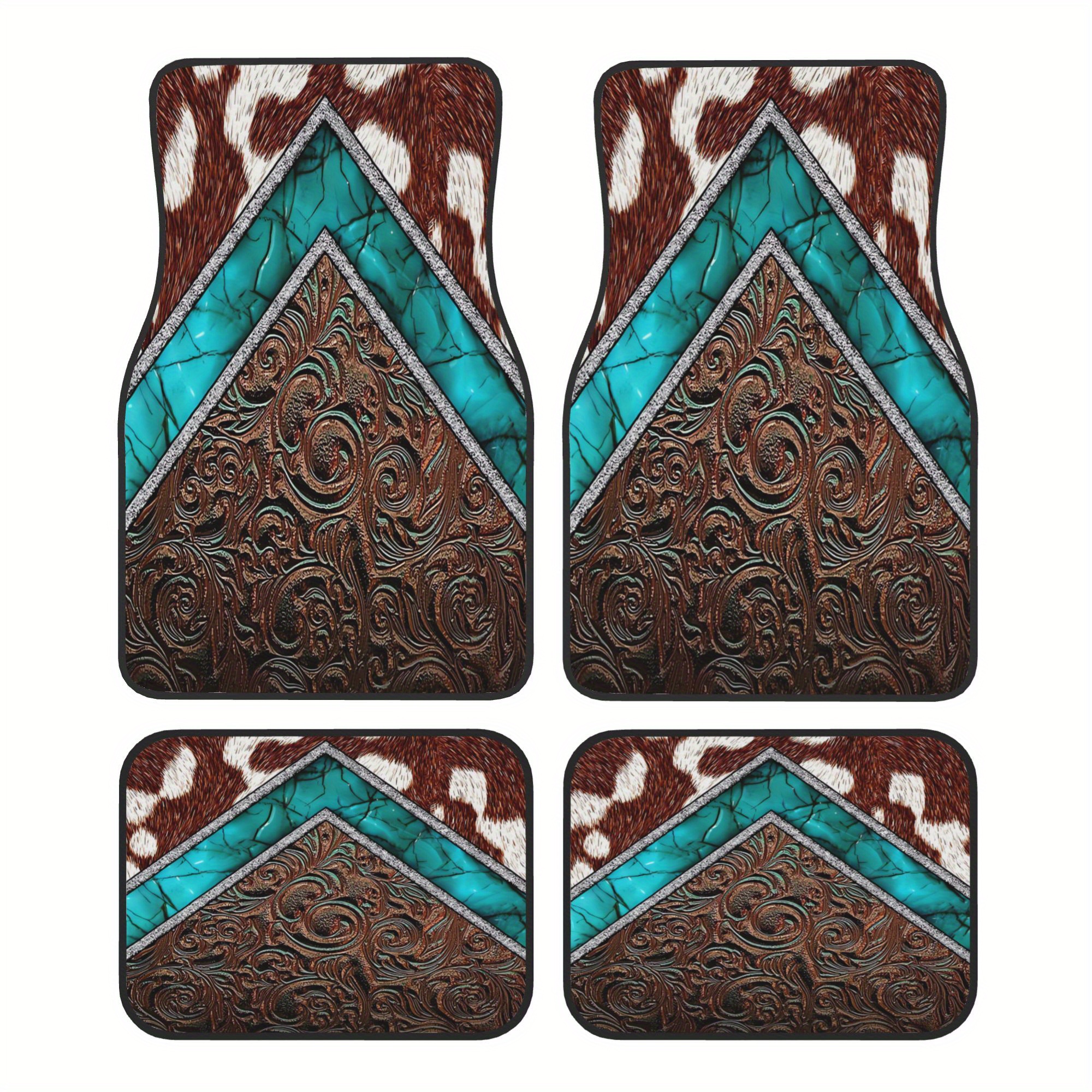 TEMU 4pcs Western Cowboy Pattern Cowhide Turquoise And Tool Car Mats For Cars, Ideal Gift, Durable Mats, Car Floor Mats, Persian Car Mats, Suitable
