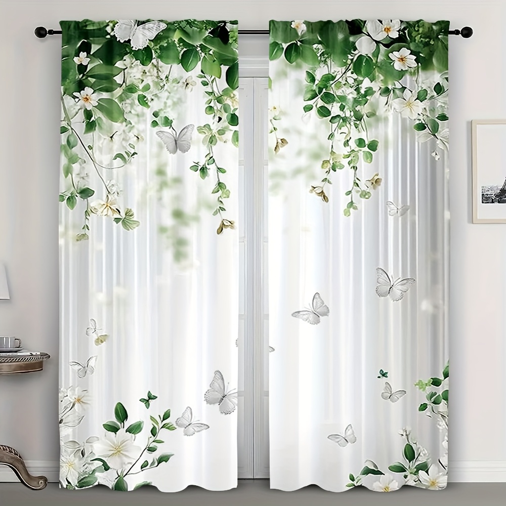 TEMU 2d Flat, 2pcs French Country Curtains Semi-sheer Rod Pocket Window Drapes With Spring Floral & Print Suitable For Living Room, Bedroom, Kitchen,