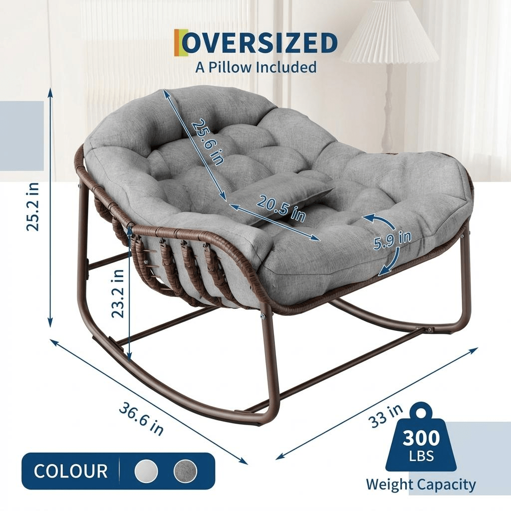 Large Outdoor Papasan Rocking Chair Made Of Wicker, Featuring A Cushion And A Metal Frame, Perfect For Relaxing On The Patio, Balcony, Or In The Bedroom