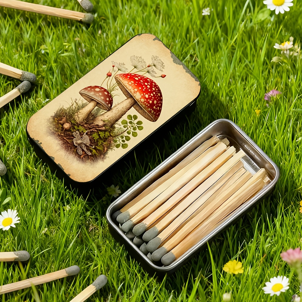 Image of 1pc Retro Mushroom Poster Sliding Matches Tin Box | Exquisite And Portable Iron Storage Tin, Ideal For Easter, Christmas, And Valentine's Day Gifts, Matches Not Included